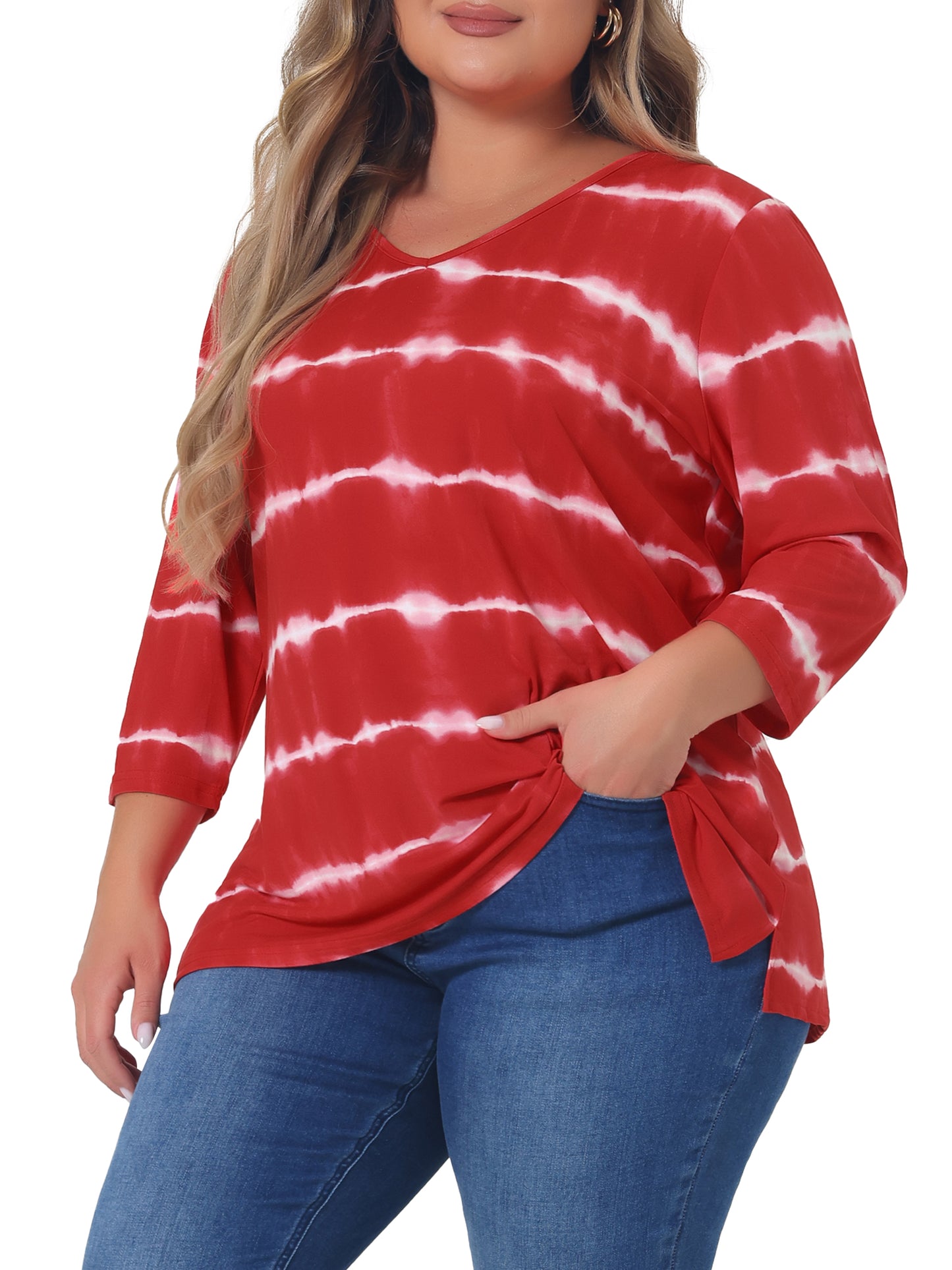 Women Plus Size T Shirt V Neck 3/4 Sleeve Loose Casual Blouse Striped Tie Dye Print