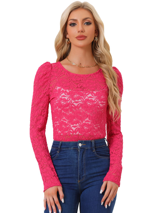 Women's Lace Embroidery Semi Sheer Vintage Puff Sleeve Top
