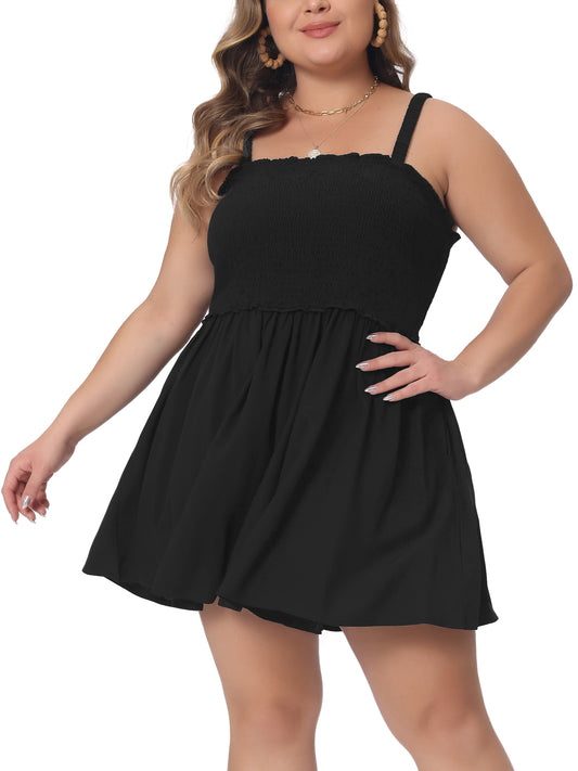 Women Plus Size Summer Sleeveless Rompers Square Collar Flowy Short Jumpsuit with Pockets