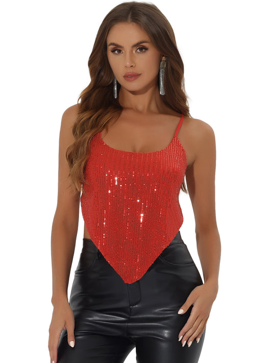 Women's Sequin Spaghetti Straps Crisscross Backless Party Crop Cami Top