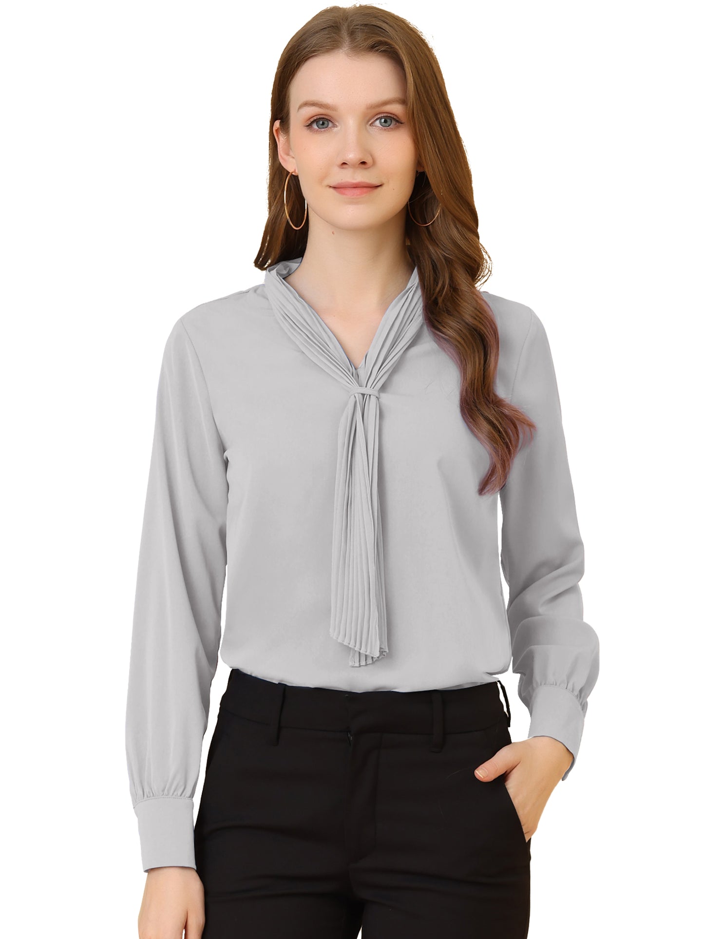 Women's Dressy Long Sleeve Chiffon Pleated Tie Neck Office Shirt (Available in Plus Size)