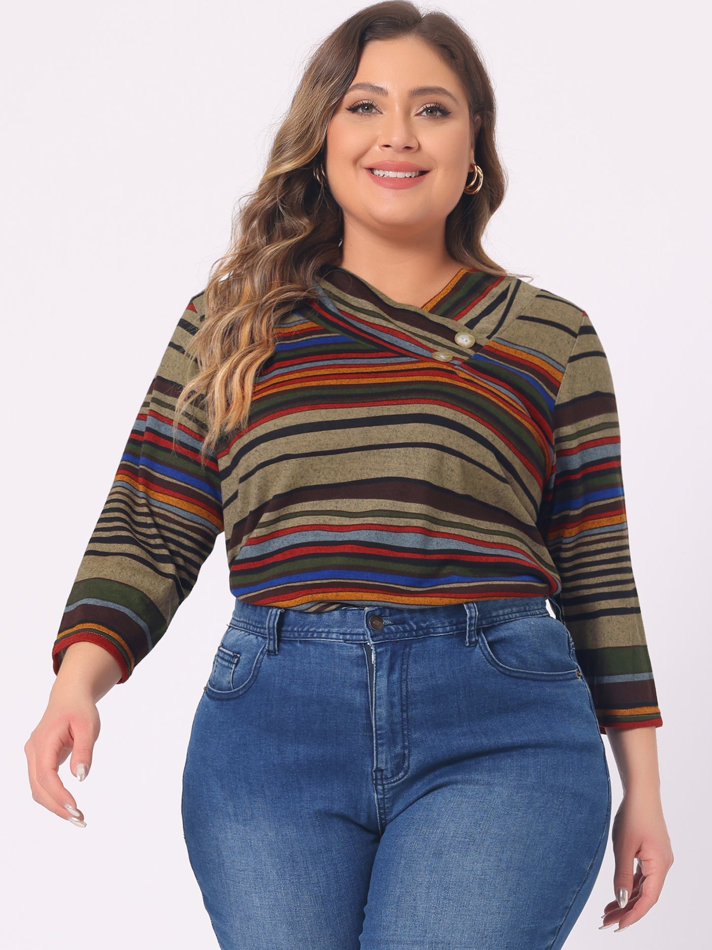 Women Plus Size Top 3/4 Sleeve Knit Striped Boho Asymmetric Neck T-Shirt Blouse