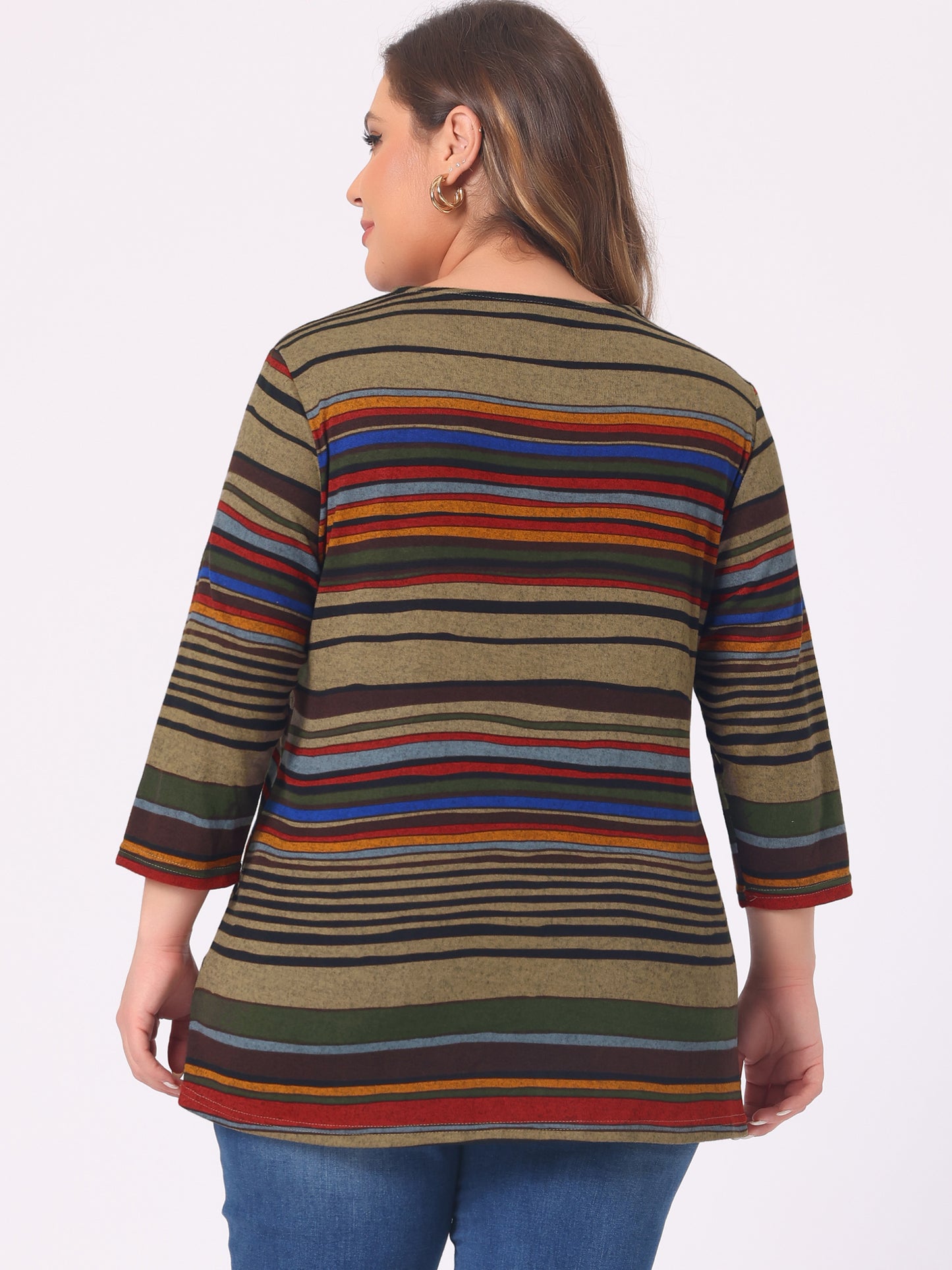 Women Plus Size Top 3/4 Sleeve Knit Striped Boho Asymmetric Neck T-Shirt Blouse