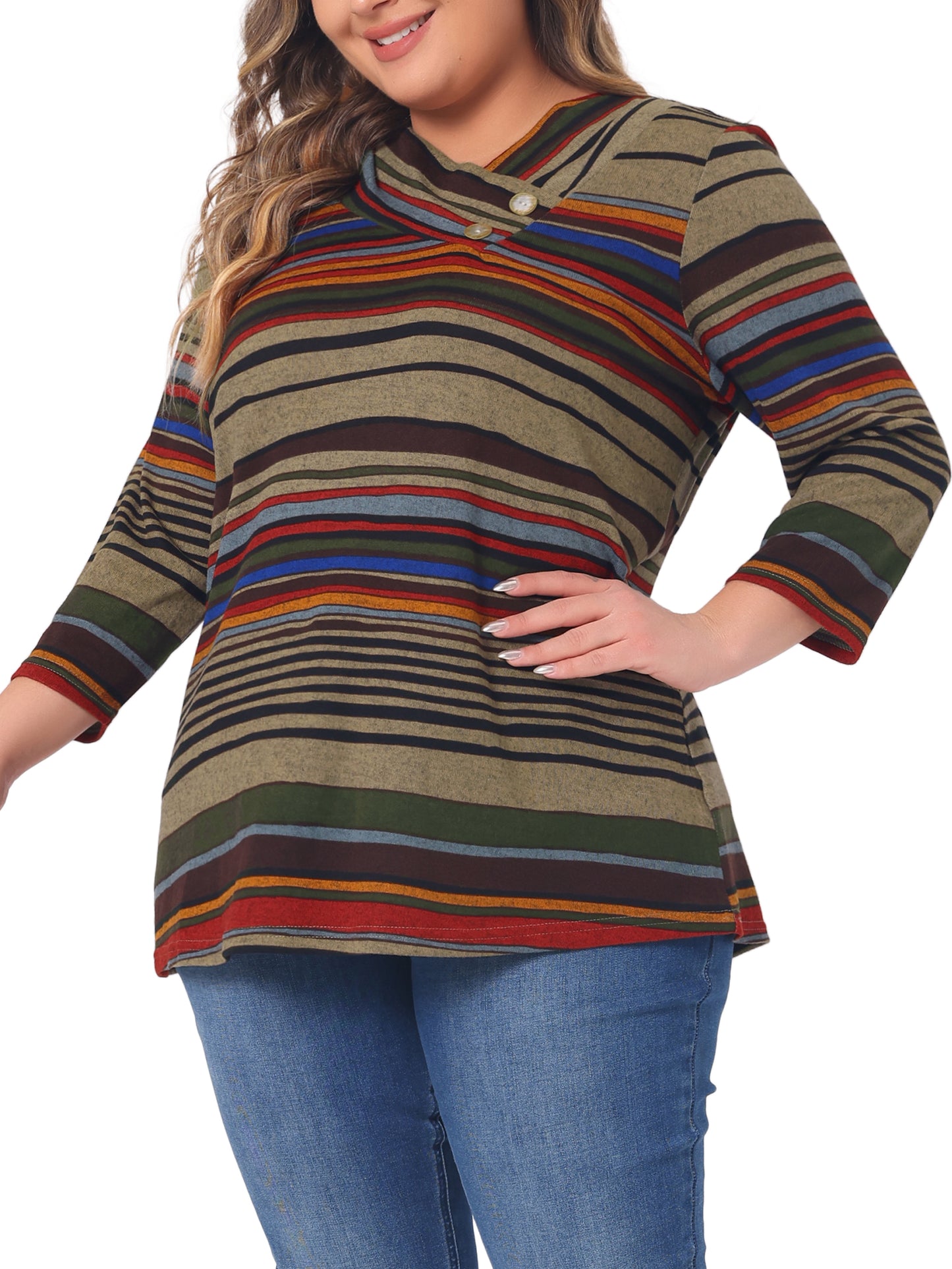Women Plus Size Top 3/4 Sleeve Knit Striped Boho Asymmetric Neck T-Shirt Blouse
