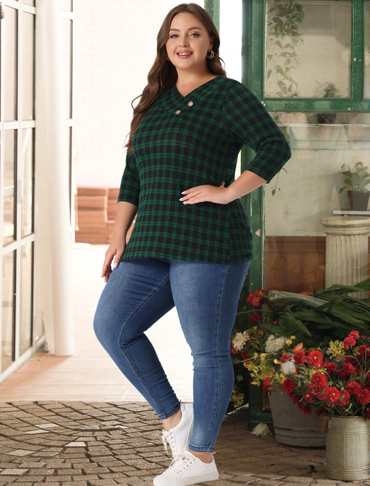 Women Plus Size Top 3/4 Sleeve Knit Striped Boho Asymmetric Neck T-Shirt Blouse