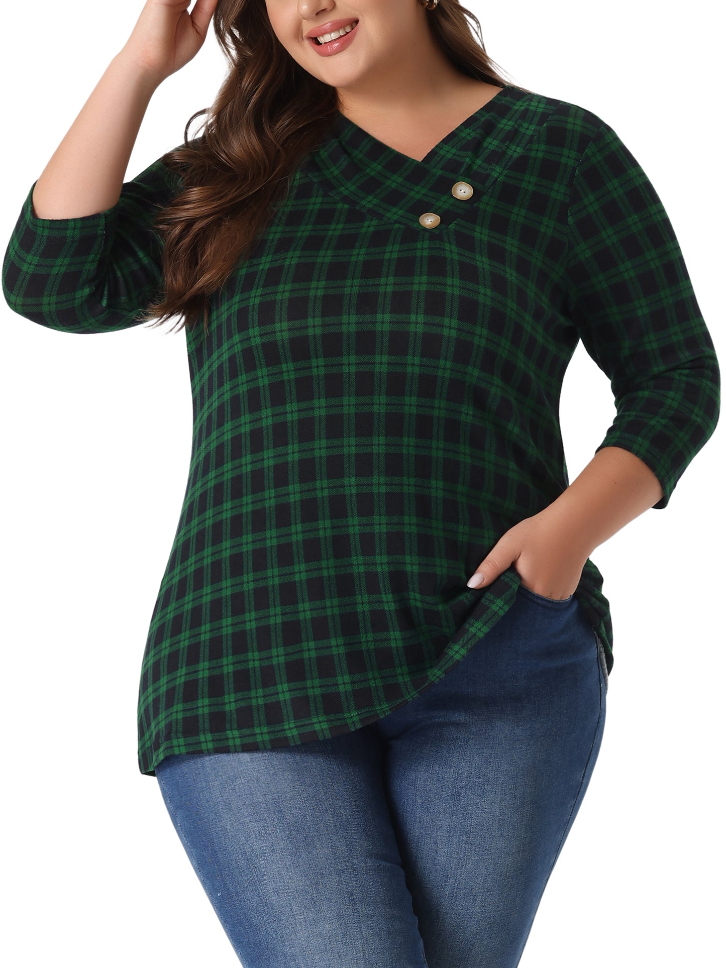 Women Plus Size Top 3/4 Sleeve Knit Striped Boho Asymmetric Neck T-Shirt Blouse