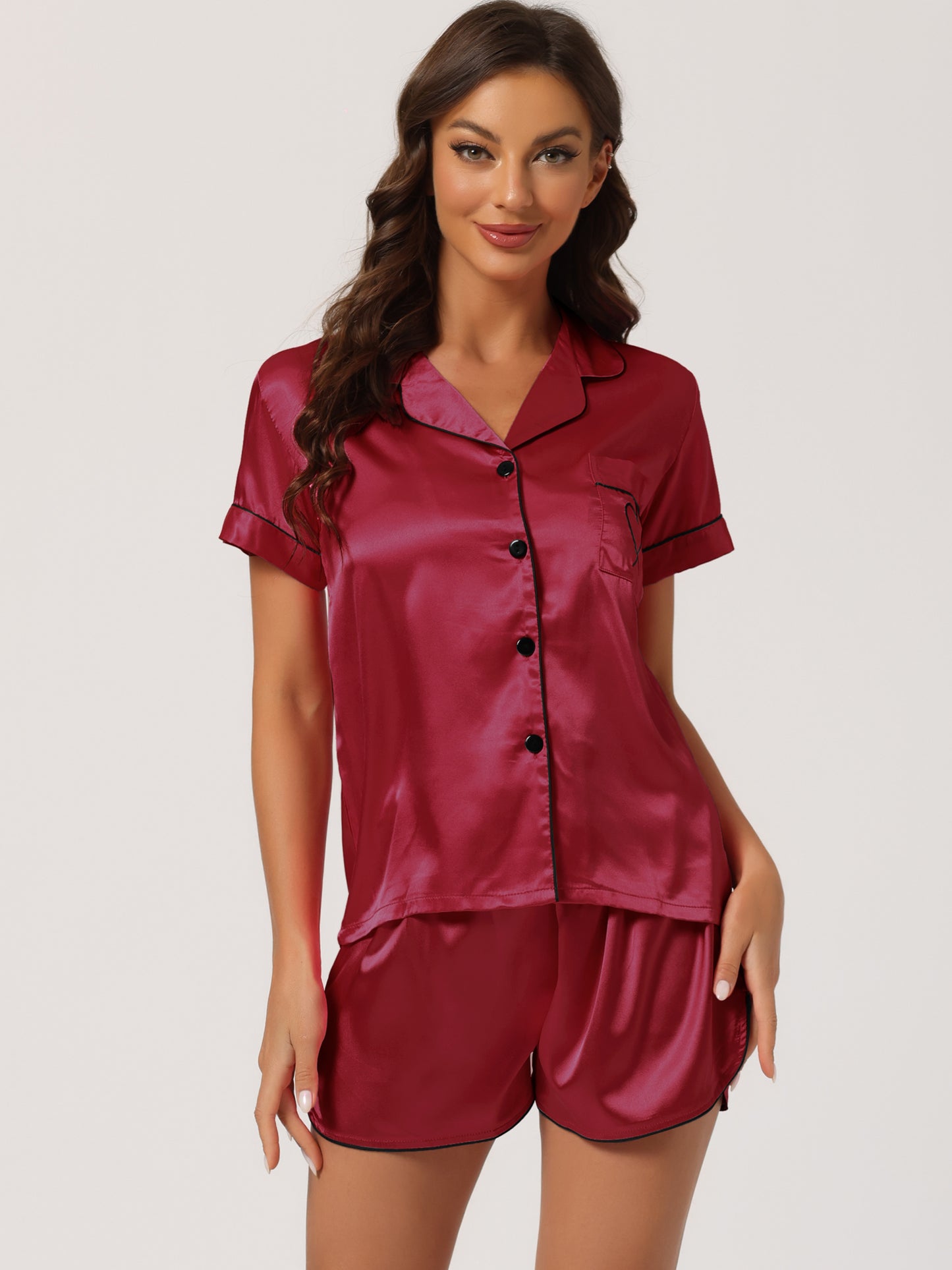 cheibear Pajama Loungewear Short Sleeves Button Down Satin Pj Sets Red Heart