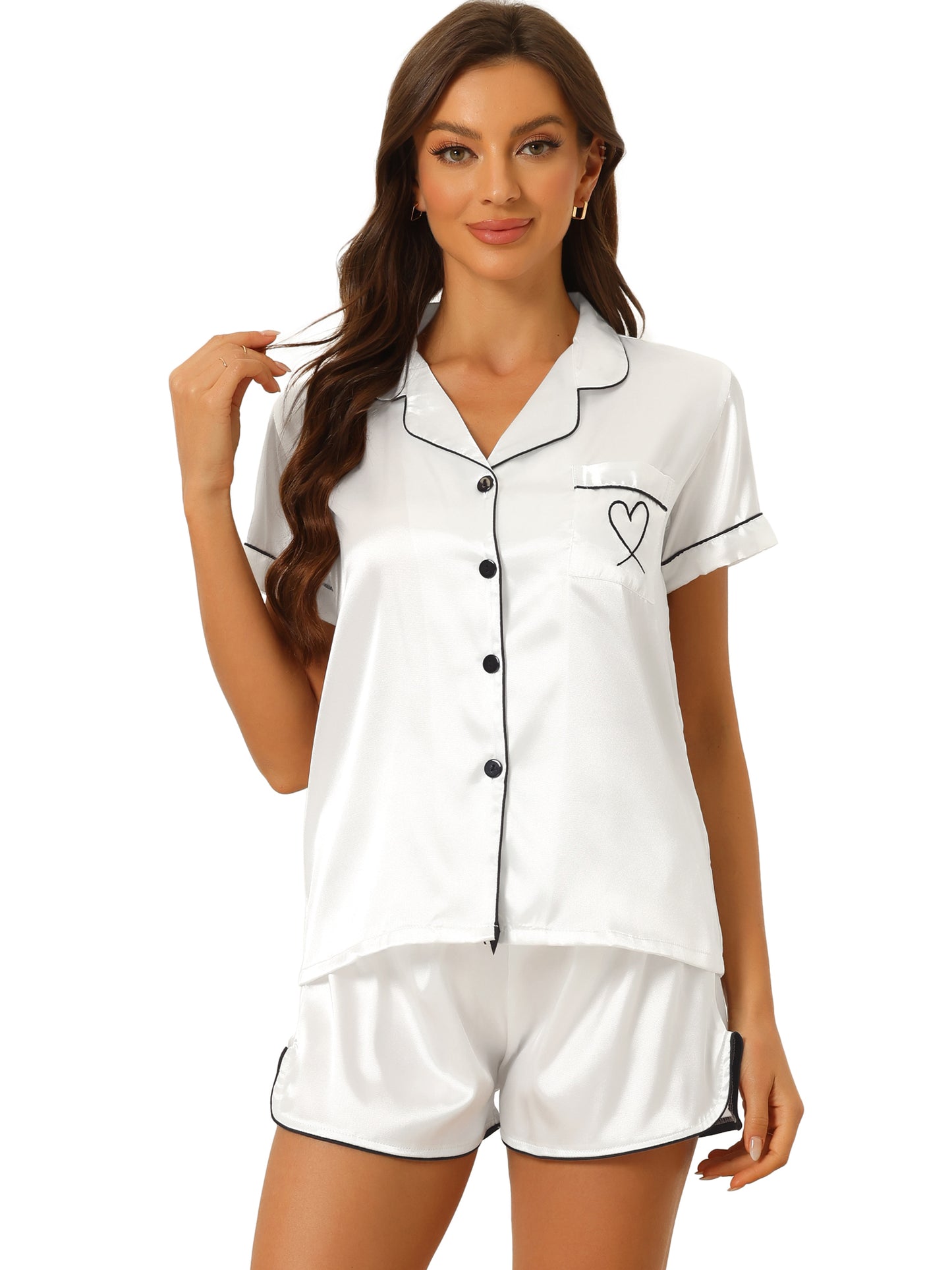 cheibear Pajama Loungewear Short Sleeves Button Down Satin Pj Sets White Heart