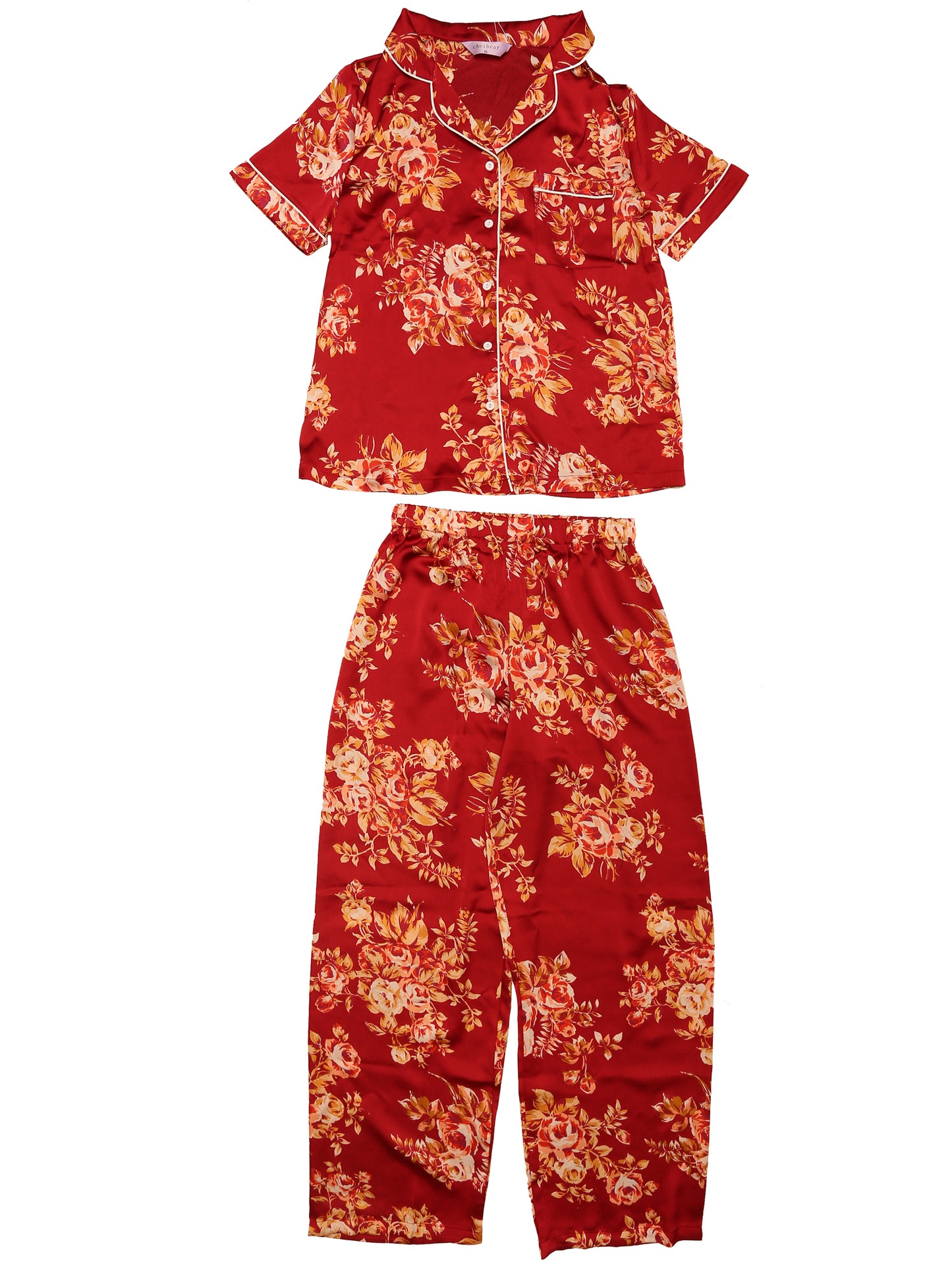 cheibear Pajama Set Silk Short Sleeves and Pants Floral Satin Sets Wine Red