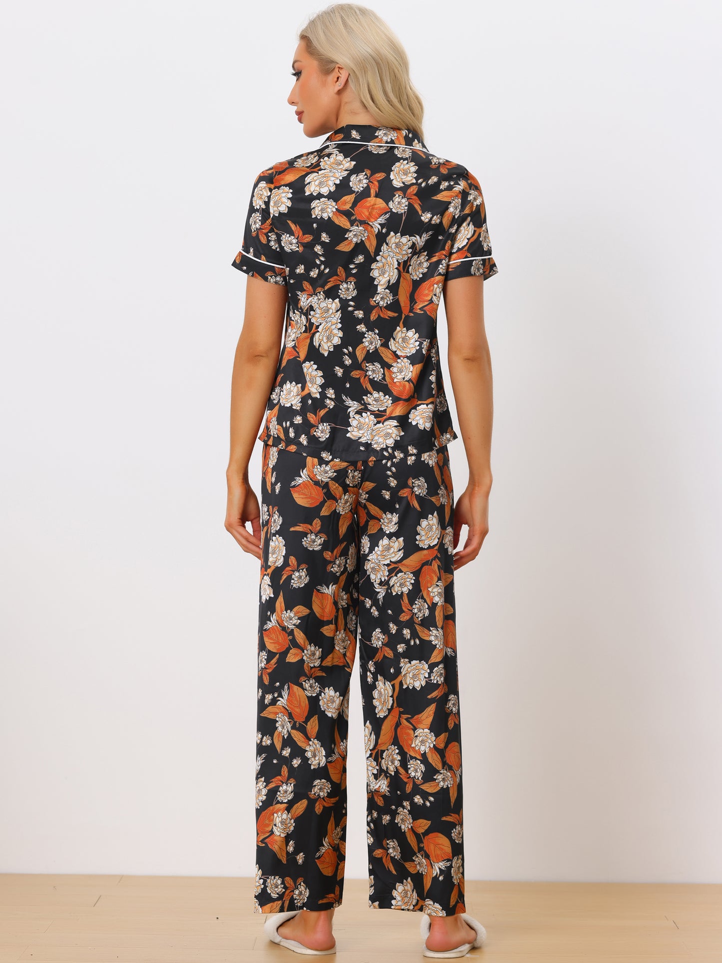 cheibear Pajama Set Silk Short Sleeves and Pants Floral Satin Sets Black-Orange