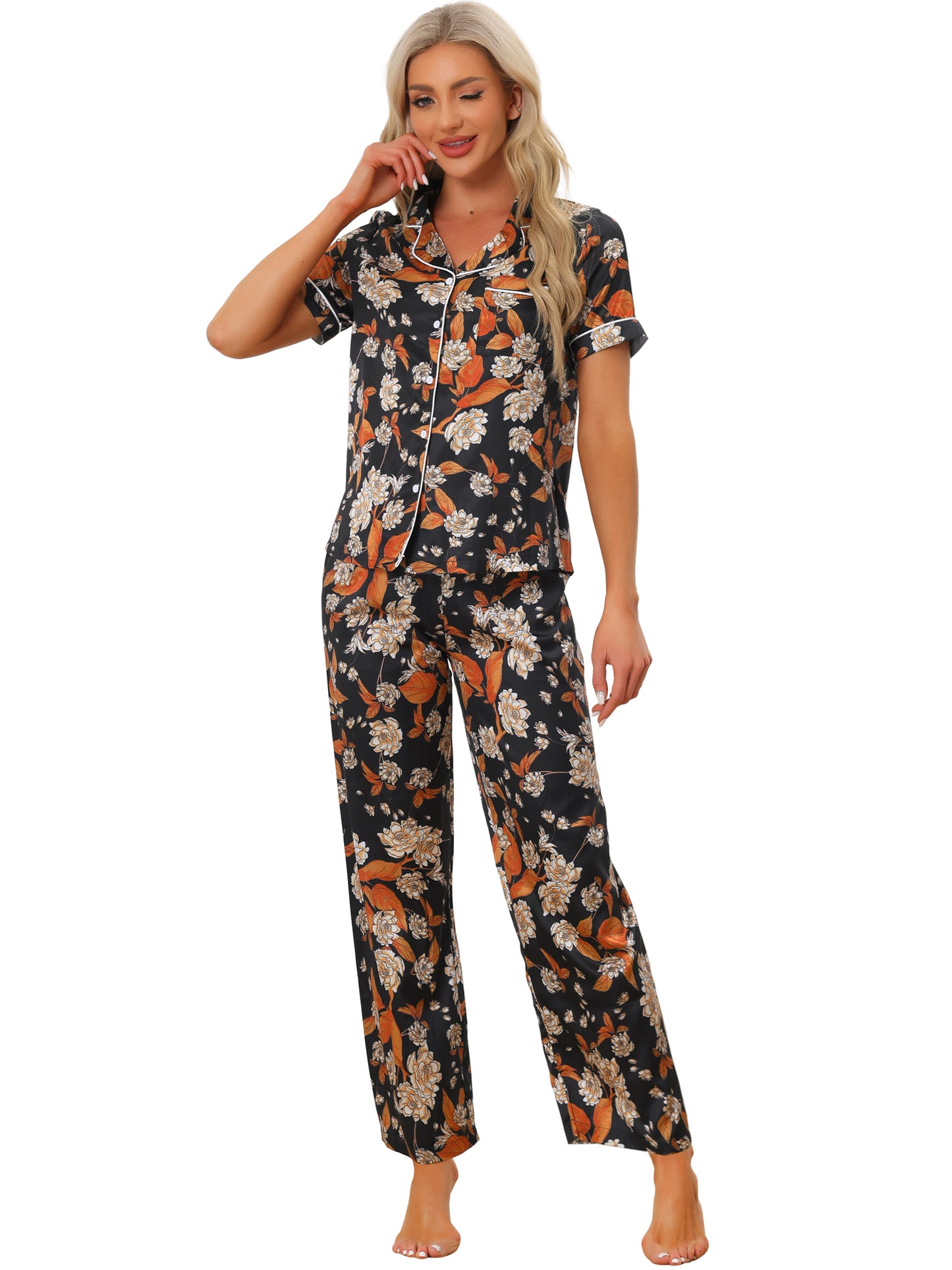 cheibear Pajama Set Silk Short Sleeves and Pants Floral Satin Sets Black-Orange