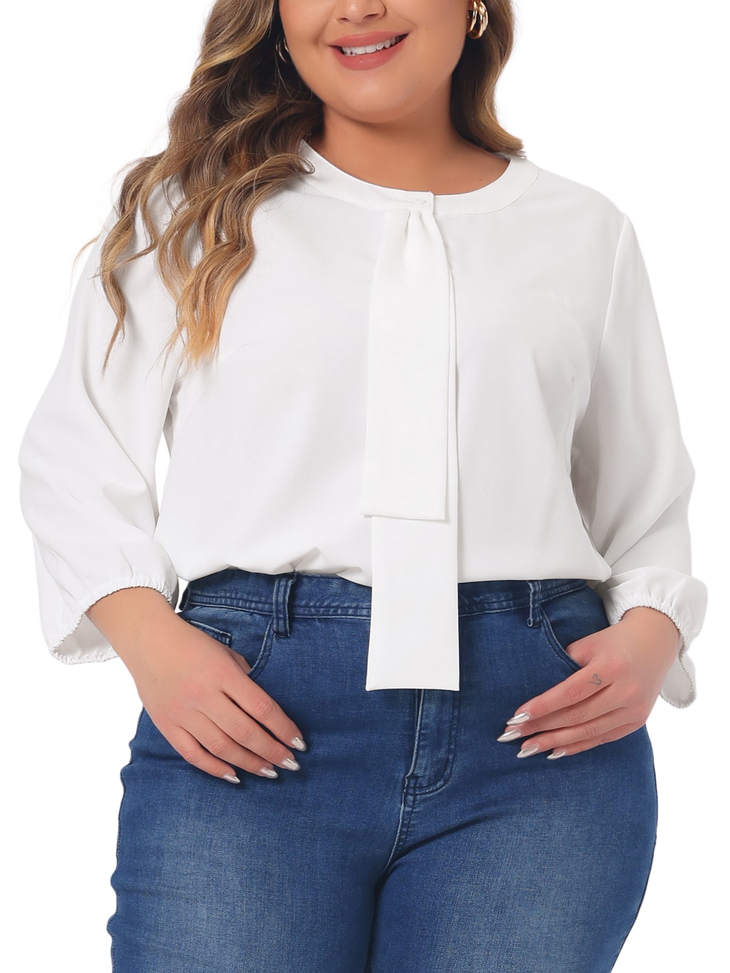 Women Plus Size Top 3/4 Sleeve Work Office Tie Front Ruffle Chiffon Blouse