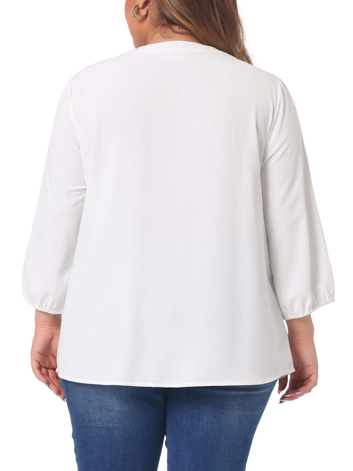Women Plus Size Top 3/4 Sleeve Work Office Tie Front Ruffle Chiffon Blouse