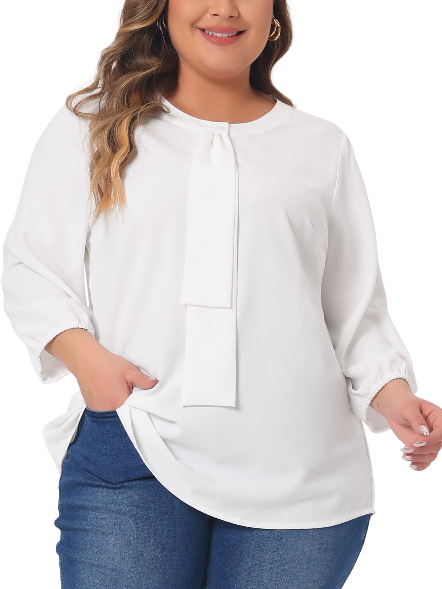 Women Plus Size Top 3/4 Sleeve Work Office Tie Front Ruffle Chiffon Blouse