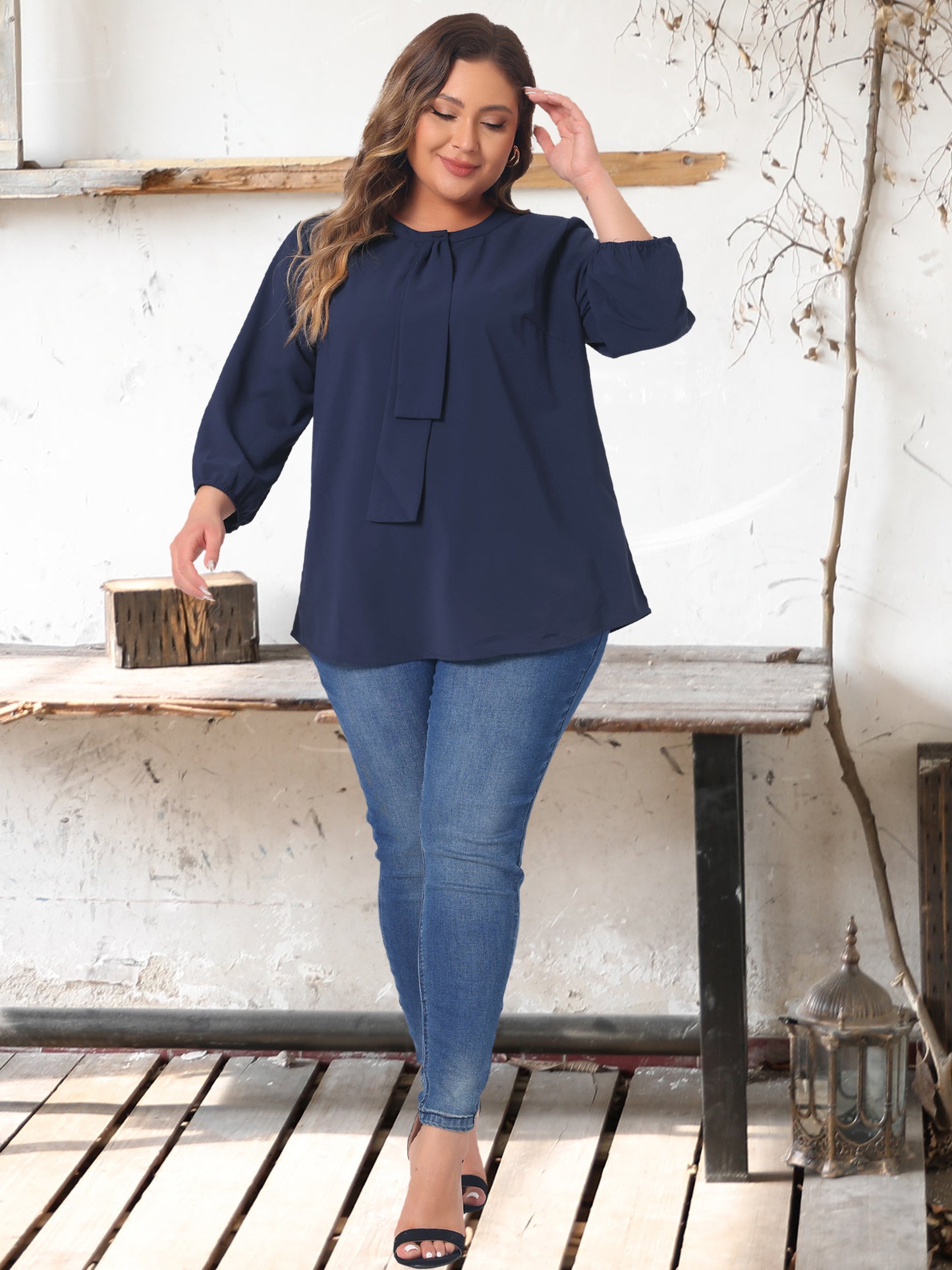 Women Plus Size Top 3/4 Sleeve Work Office Tie Front Ruffle Chiffon Blouse