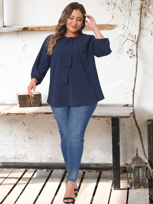 Women Plus Size Top 3/4 Sleeve Work Office Tie Front Ruffle Chiffon Blouse