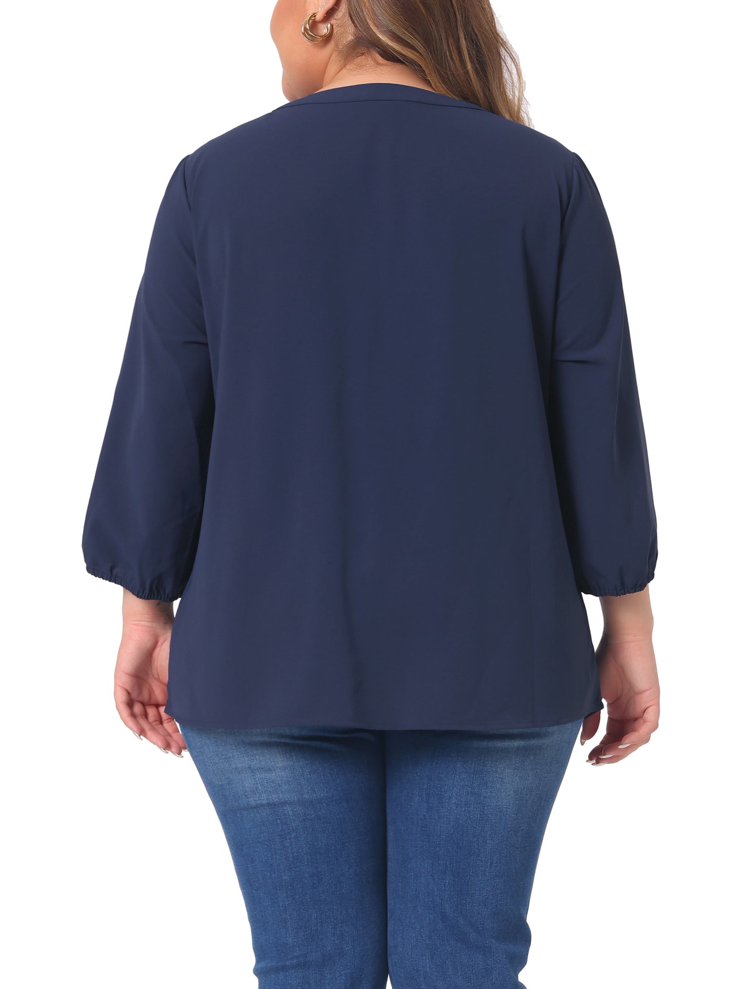 Women Plus Size Top 3/4 Sleeve Work Office Tie Front Ruffle Chiffon Blouse