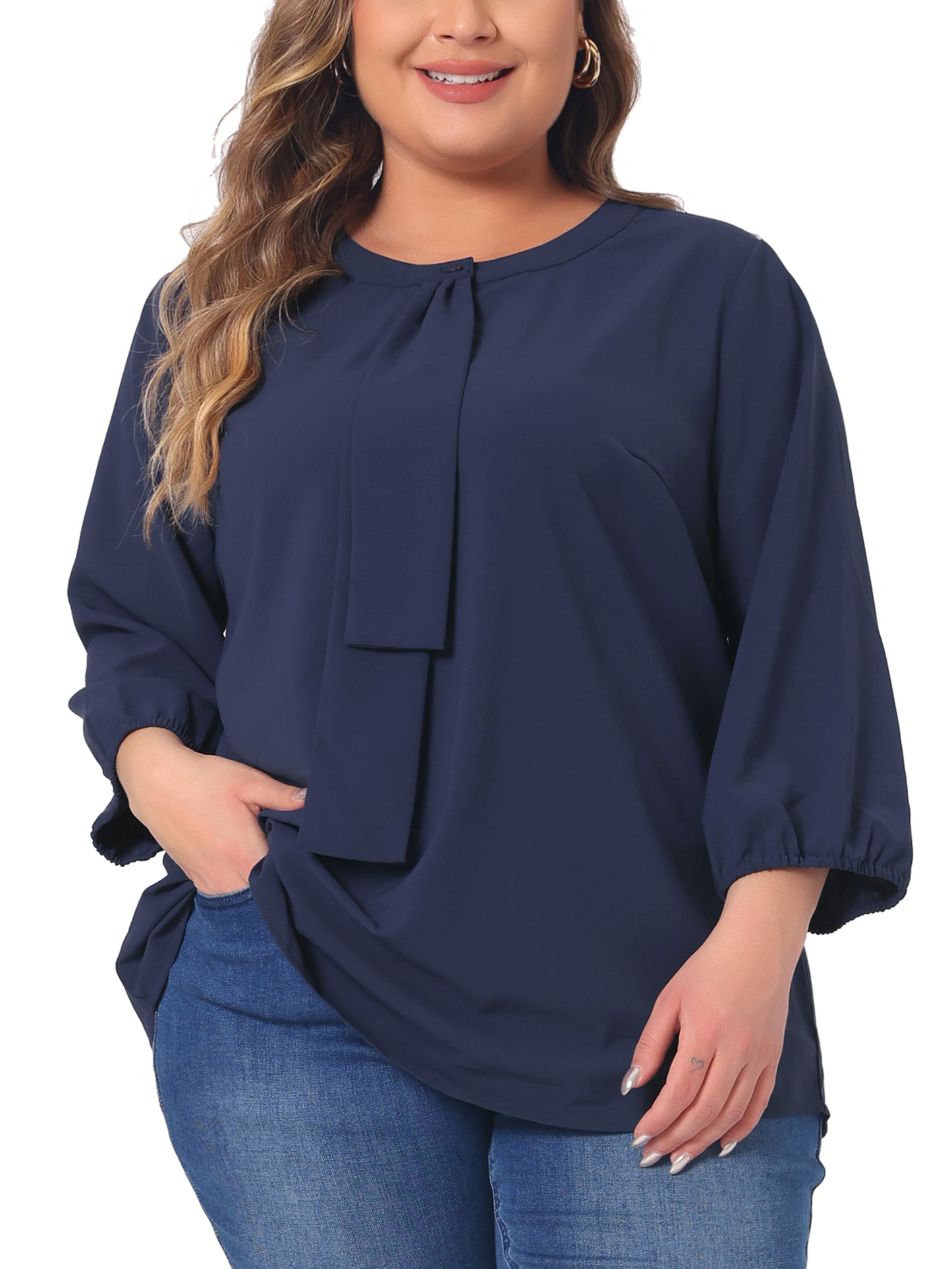 Women Plus Size Top 3/4 Sleeve Work Office Tie Front Ruffle Chiffon Blouse
