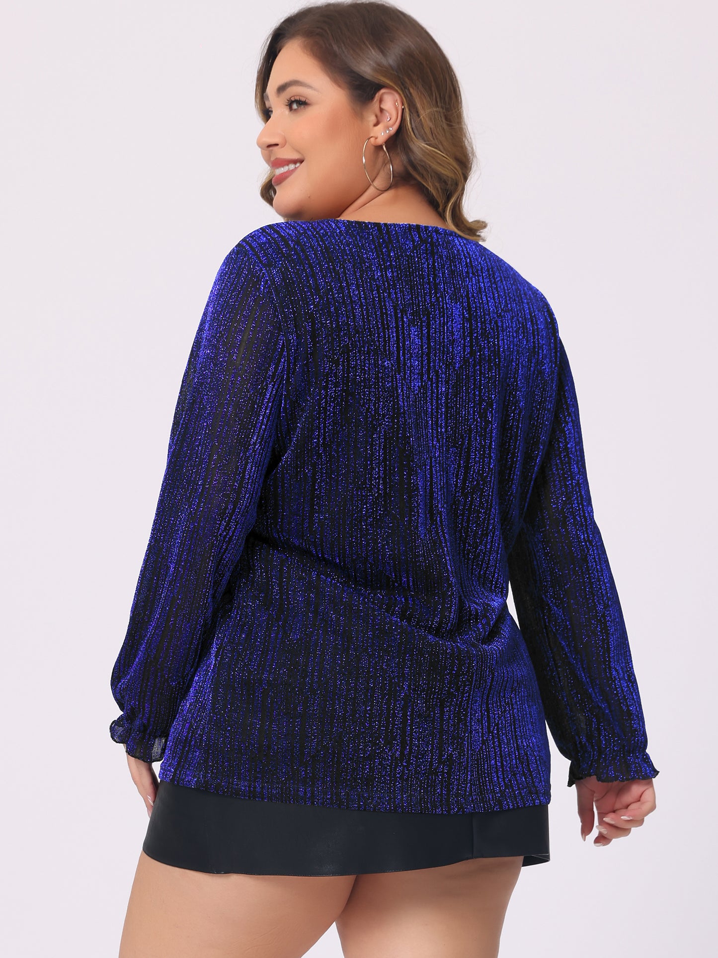 Women's Plus Size Metallic Party Glitter Long Sleeve Shiny Disco Sparkle Top