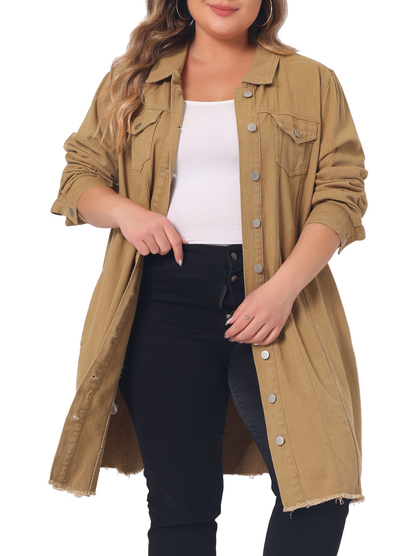 Women's Plus Size Denim Jacket Casual Long Distressed Button Up Pockets Jean Jackets