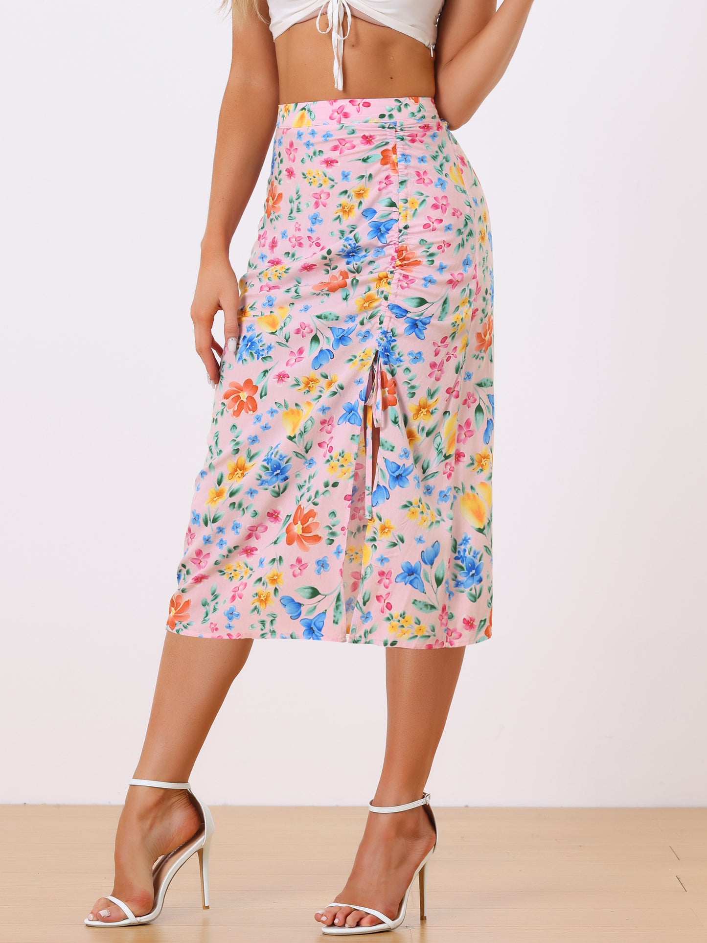 Women's Summer Beach Ruched Split Thigh Tropical Skirt