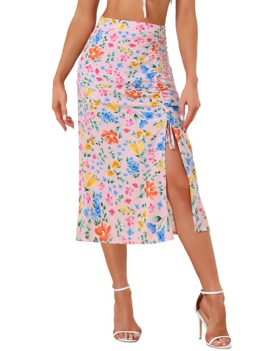 Women's Summer Beach Ruched Split Thigh Tropical Skirt