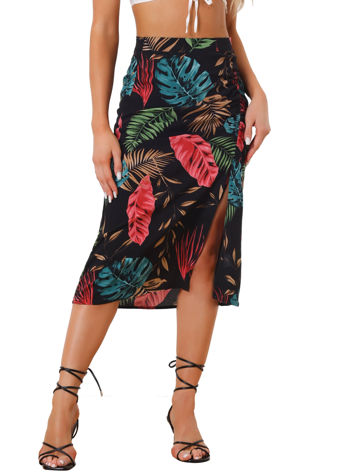 Women's Summer Beach Ruched Split Thigh Tropical Skirt