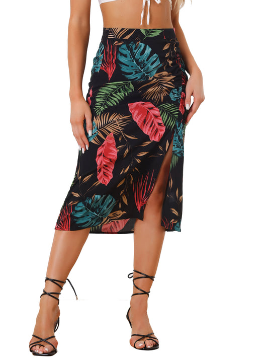 Women's Summer Beach Ruched Split Thigh Tropical Skirt