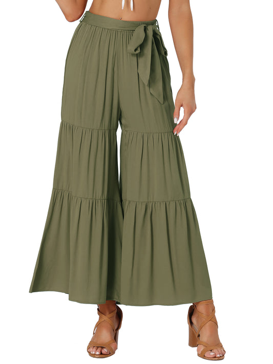 Women's Boho Elastic High Waisted Ruffles Flare Palazzo Wide Leg Pants