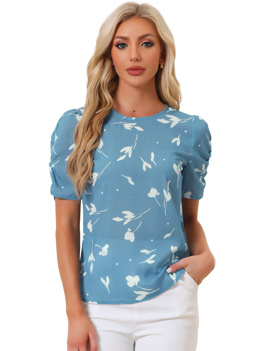 Women's Floral Crew Neck Summer Shirred Short Sleeve Blouse