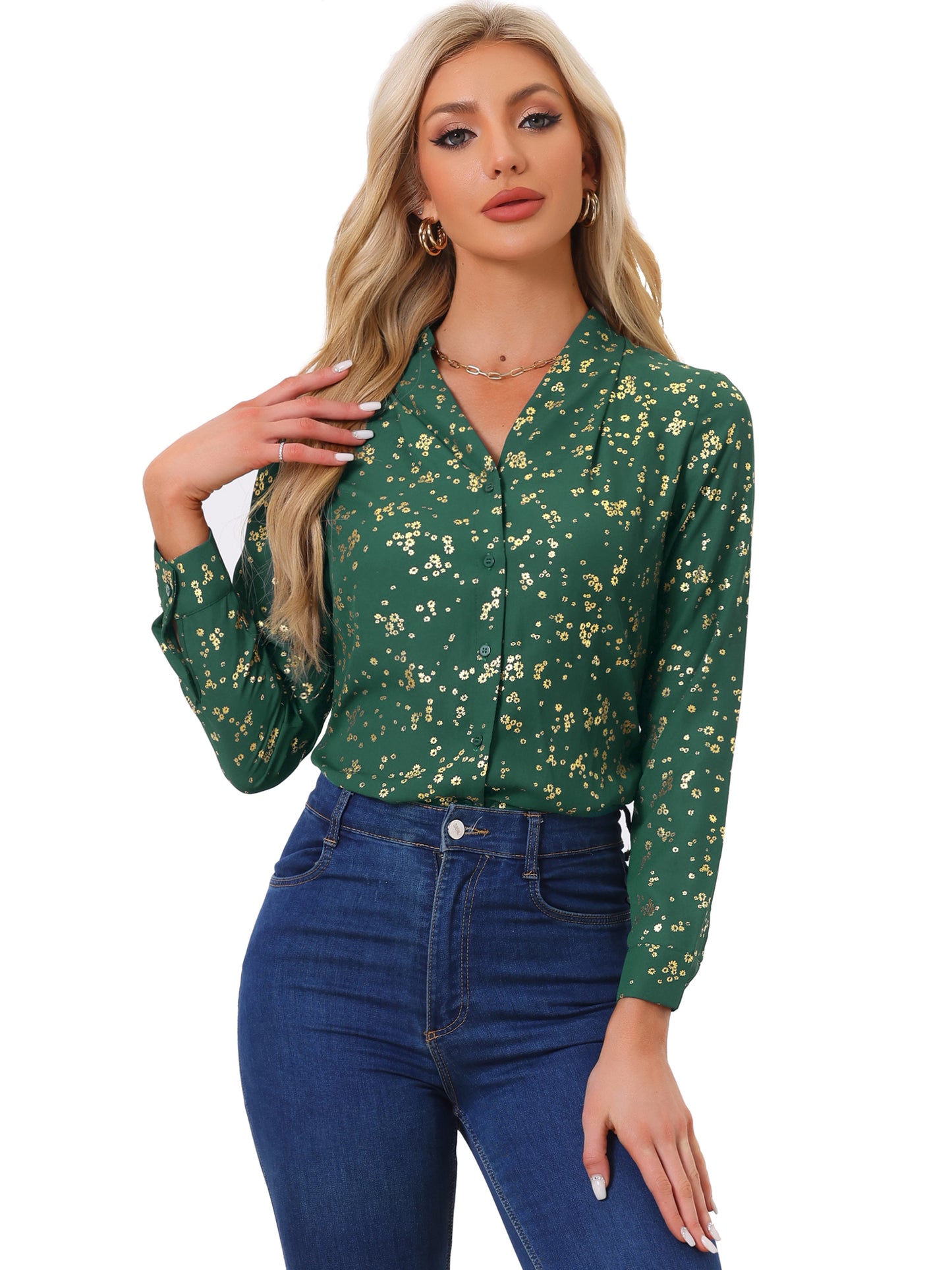 Women's Metallic Patterned V Neck Long Sleeve Gilding Sparkly Shirt (Available in Plus Size)