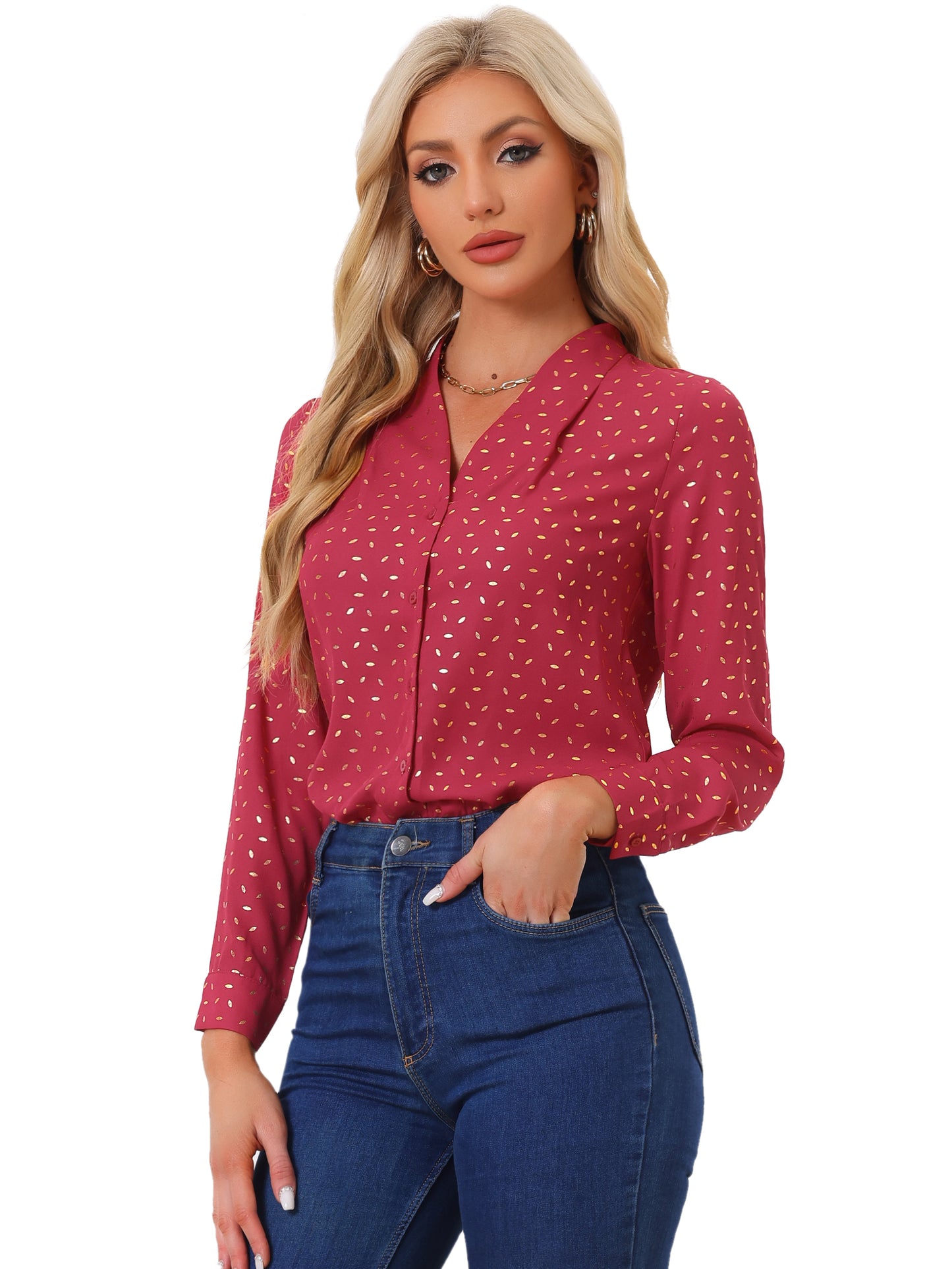Women's Metallic Patterned V Neck Long Sleeve Gilding Sparkly Shirt (Available in Plus Size)