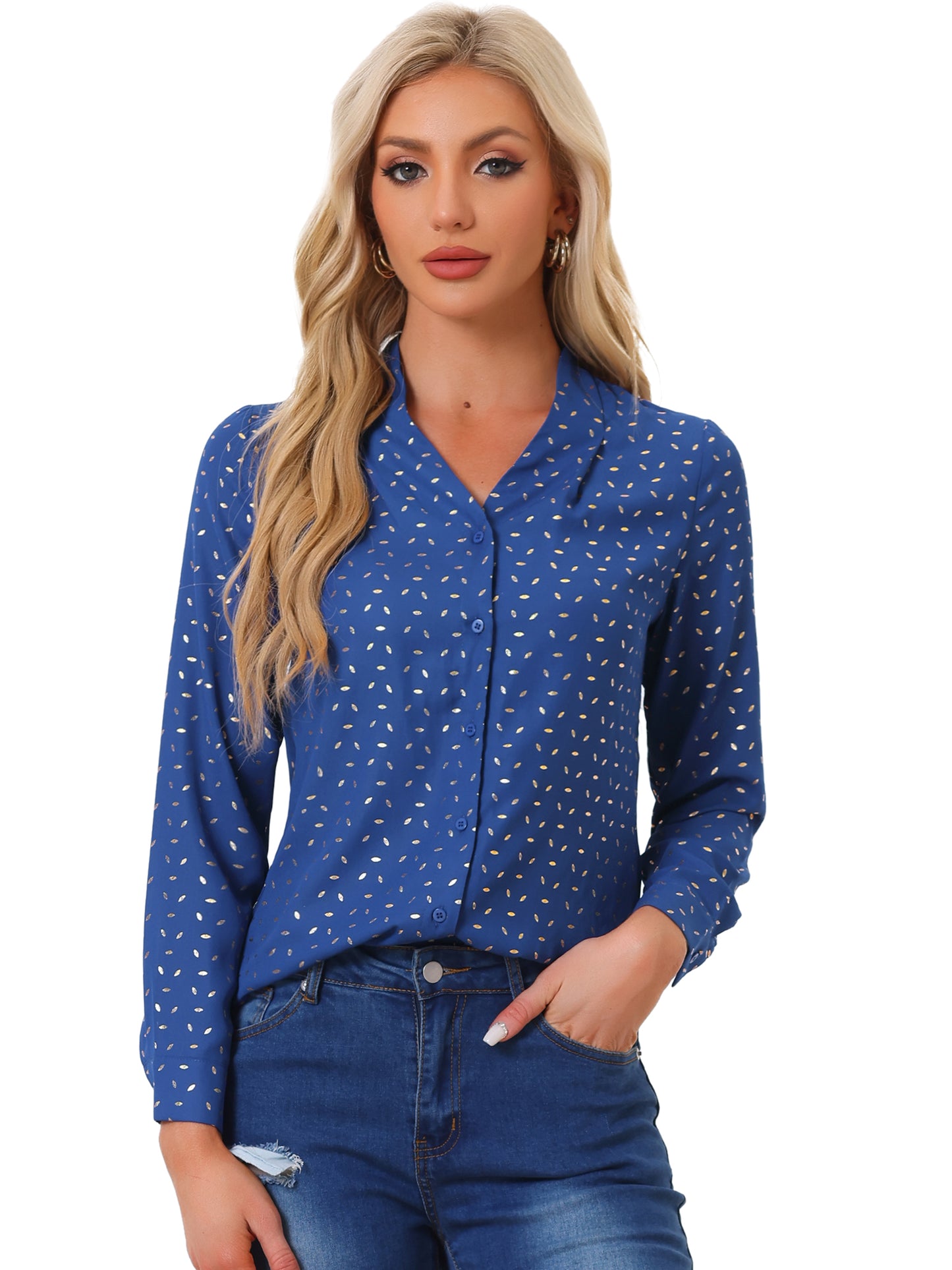 Women's Metallic Patterned V Neck Long Sleeve Gilding Sparkly Shirt (Available in Plus Size)