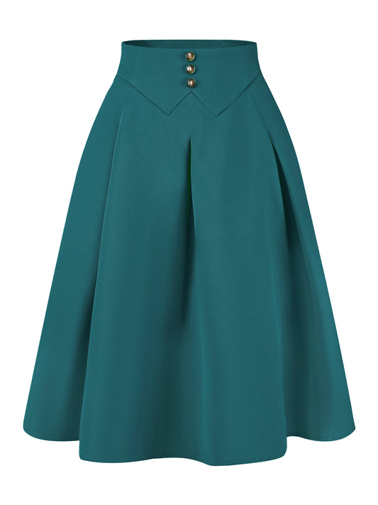 Women's Casual Office A-Line Skirt Button Decor High Waist Midi Flared Pleated Skirt