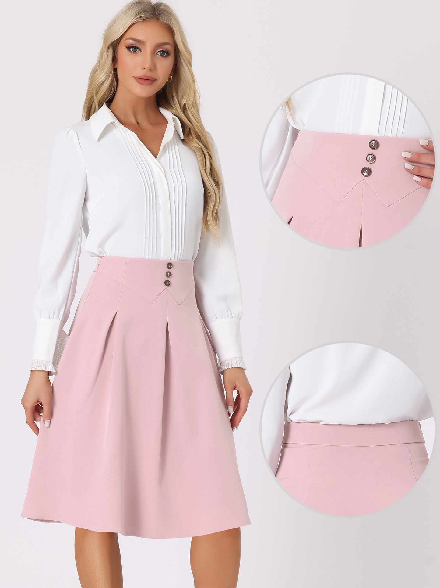 Women's Casual Office A-Line Skirt Button Decor High Waist Midi Flared Pleated Skirt