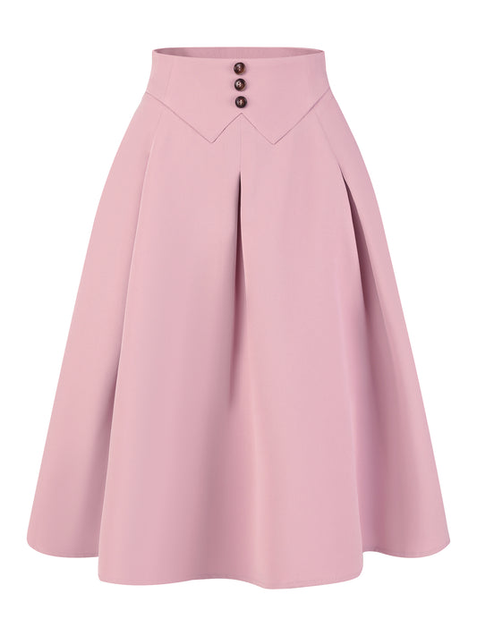 Women's Casual Office A-Line Skirt Button Decor High Waist Midi Flared Pleated Skirt