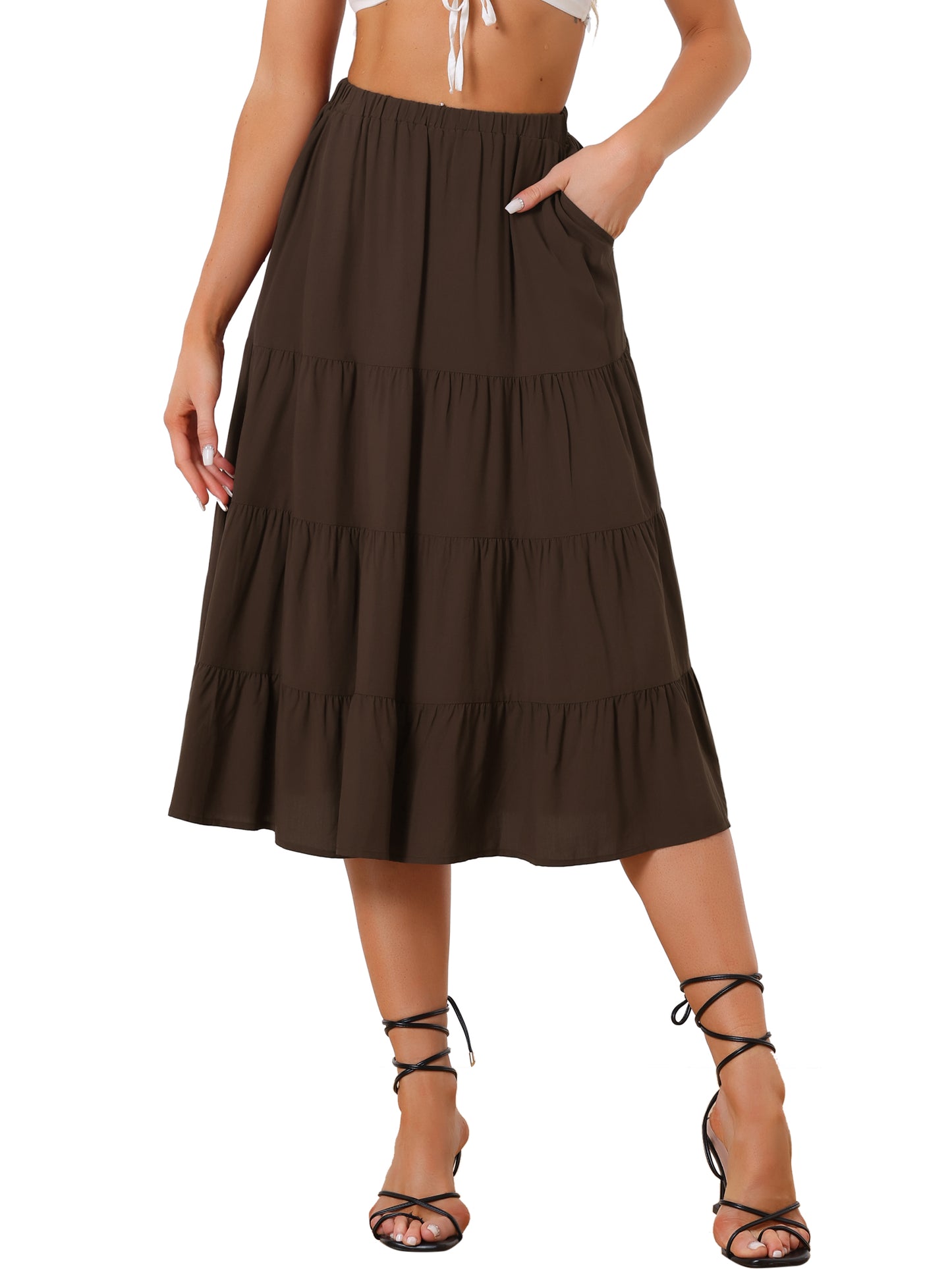 Faldas midi para mujer, estilo bohemio, plisadas, con vuelo, con cintura elástica, largas, con bolsillos