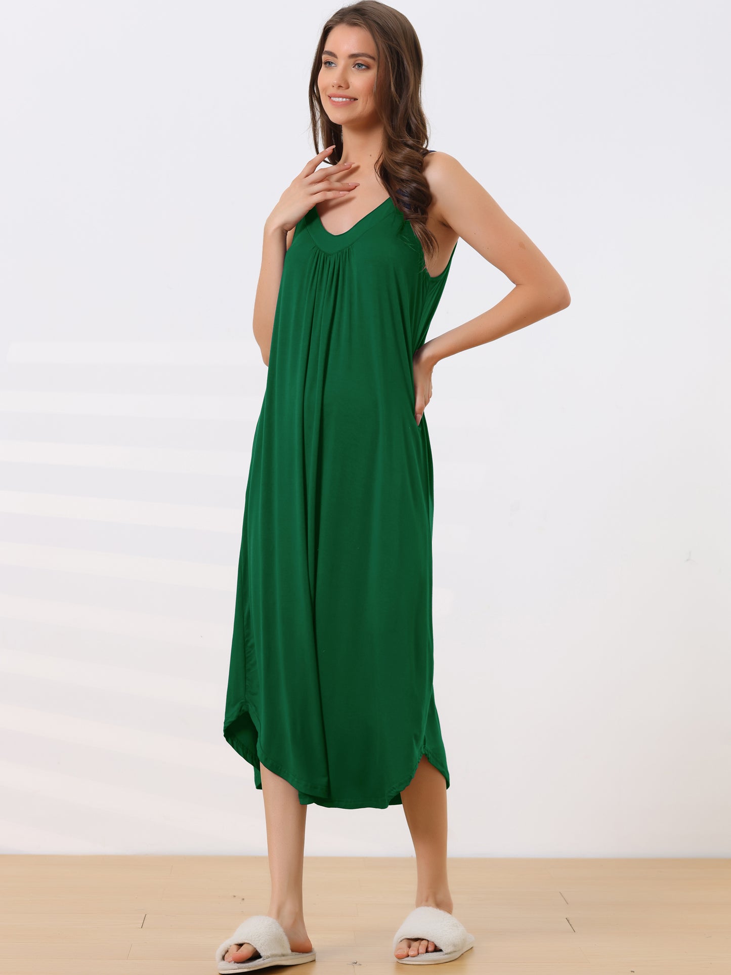 cheibear Pajama V Neck Nightdress Stretchy Lounge Cami Dress Dark Green