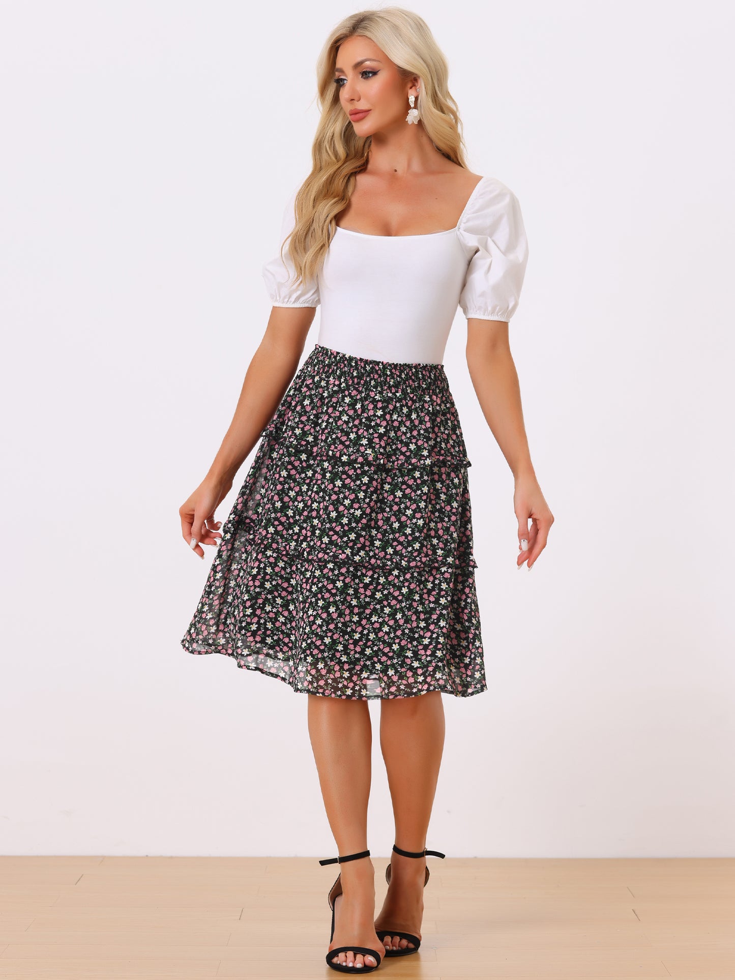 Faldas florales para mujer, primavera, fruncidas, cintura elástica, corte A, por debajo de la rodilla, falda con volantes escalonados