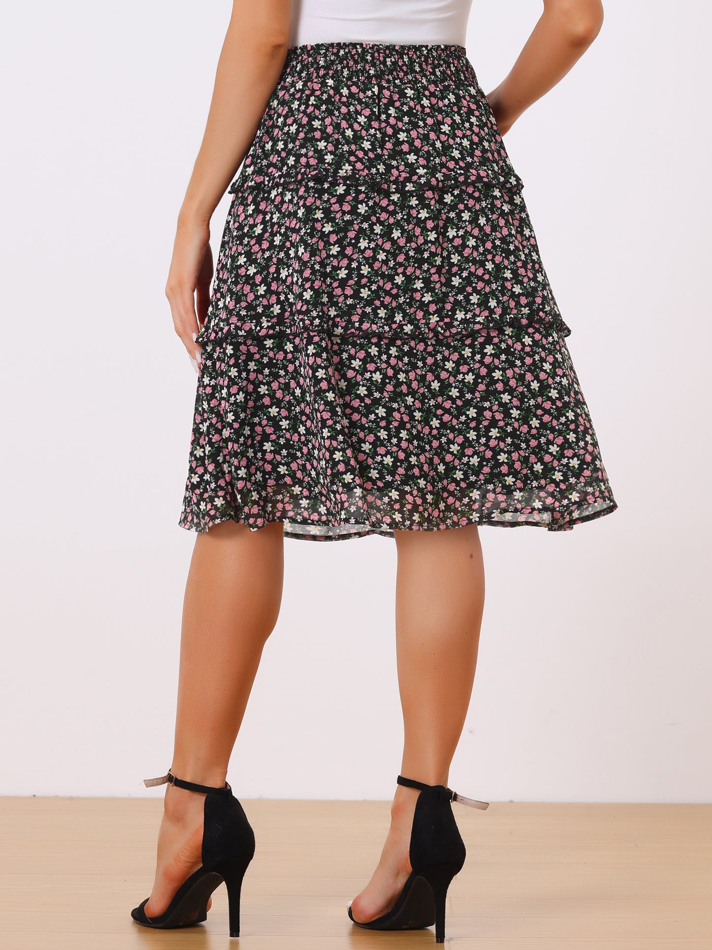 Faldas florales para mujer, primavera, fruncidas, cintura elástica, corte A, por debajo de la rodilla, falda con volantes escalonados