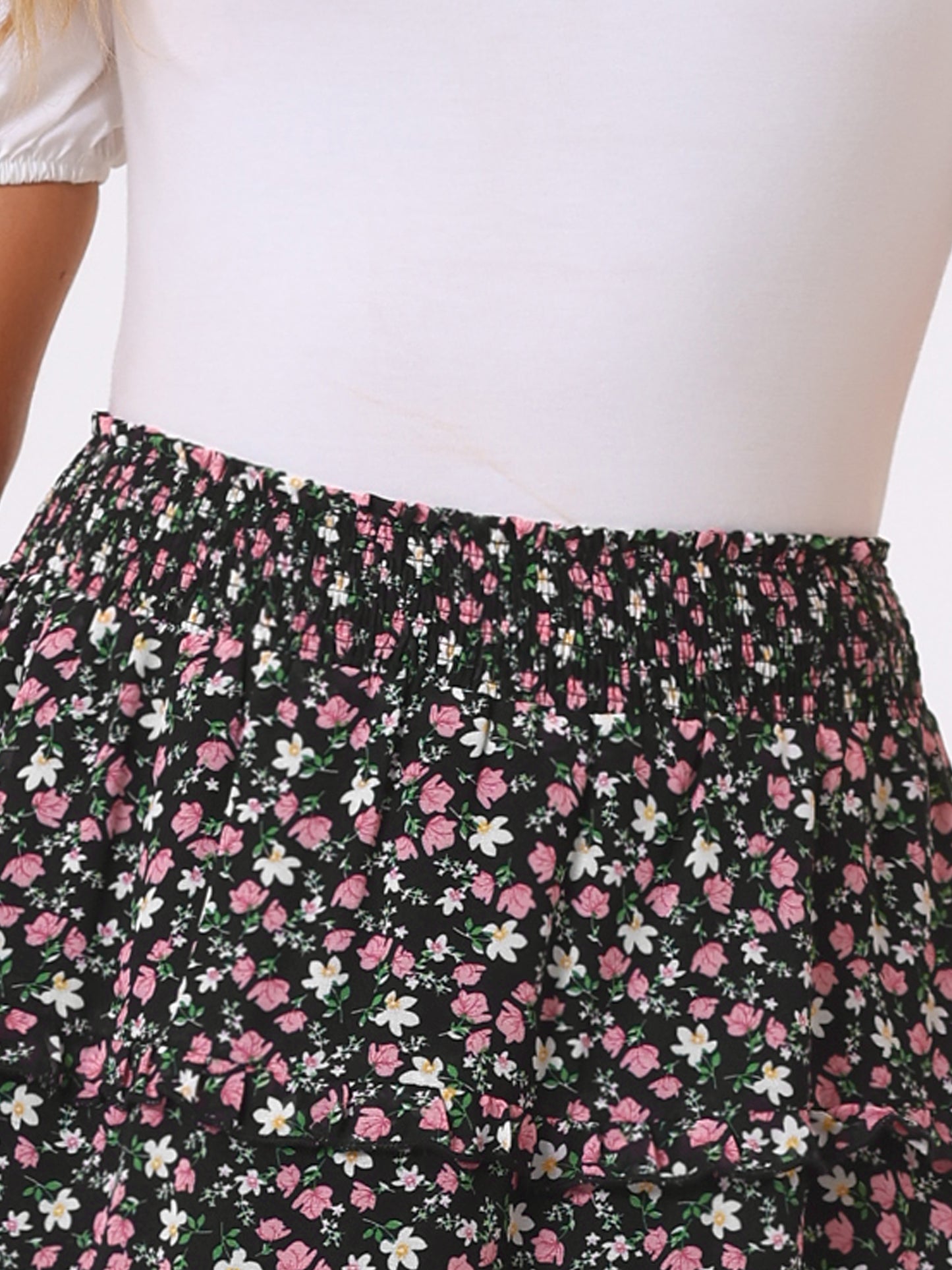 Faldas florales para mujer, primavera, fruncidas, cintura elástica, corte A, por debajo de la rodilla, falda con volantes escalonados