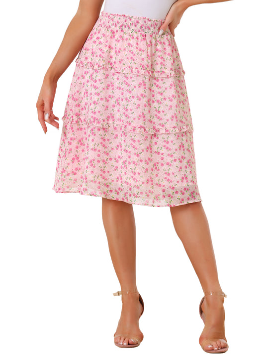 Women's Floral Skirts Spring Smocked Elastic Waist A-Line Below Knee Length Ruffle Tiered Skirt