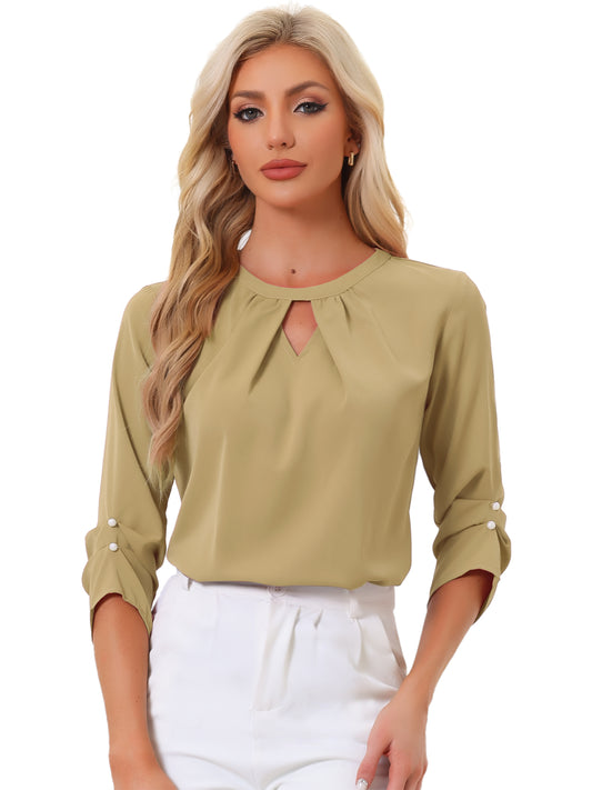 Women's Dressy Work Office Keyhole Pleated Front Ruched 3/4 Sleeve Chiffon Shirt