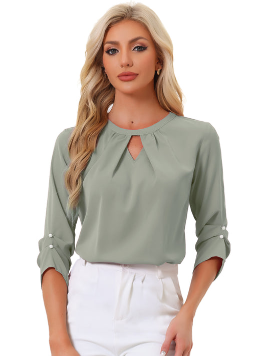 Women's Dressy Work Office Keyhole Pleated Front Ruched 3/4 Sleeve Chiffon Shirt