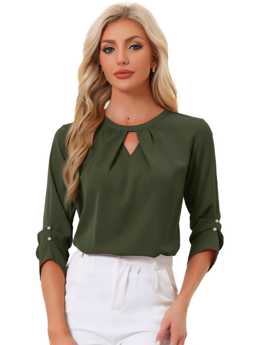 Women's Dressy Work Office Keyhole Pleated Front Ruched 3/4 Sleeve Chiffon Shirt