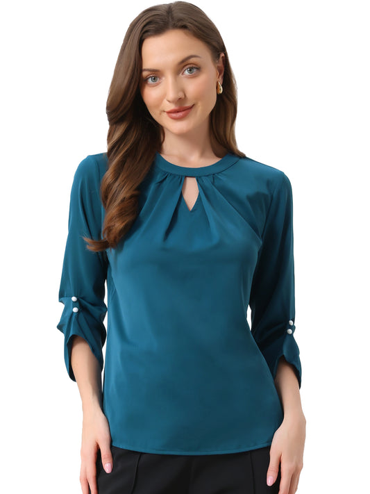 Women's Dressy Work Office Keyhole Pleated Front Ruched 3/4 Sleeve Chiffon Shirt