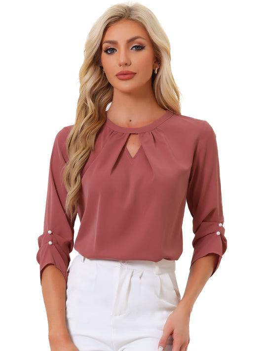 Women's Dressy Work Office Keyhole Pleated Front Ruched 3/4 Sleeve Chiffon Shirt