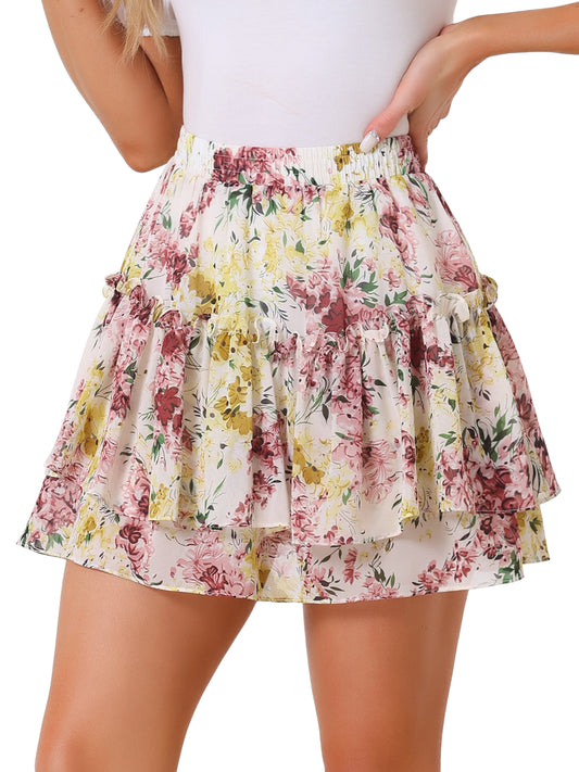 Women's Floral Print Skirt Elastic High Waist Layer Ruffle A-Line Mini Short Skirt