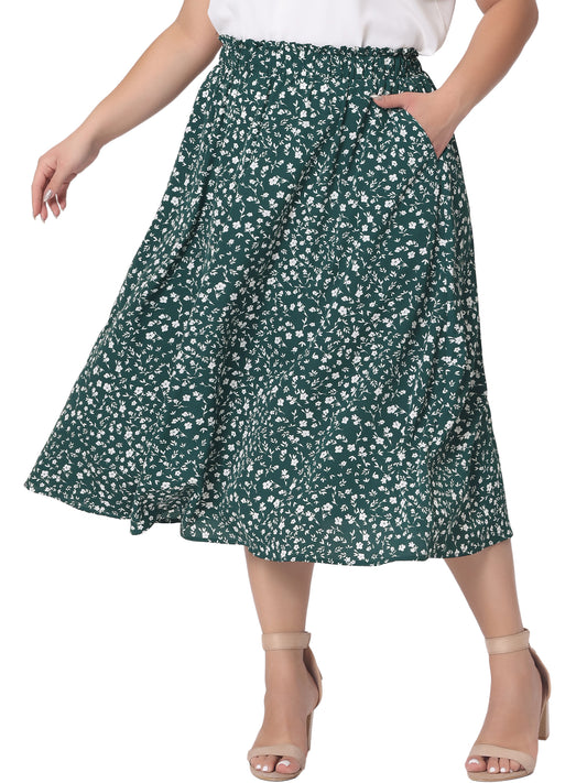 Women Plus Size Printed Skirt Chiffon Elastic Waist Flowy Midi Skirts with Pockets