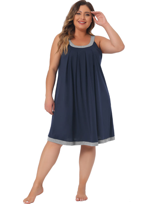 Women Plus Size Nightgown Sleeveless Contrast Color Wide Strap Pleated Sleepwear
